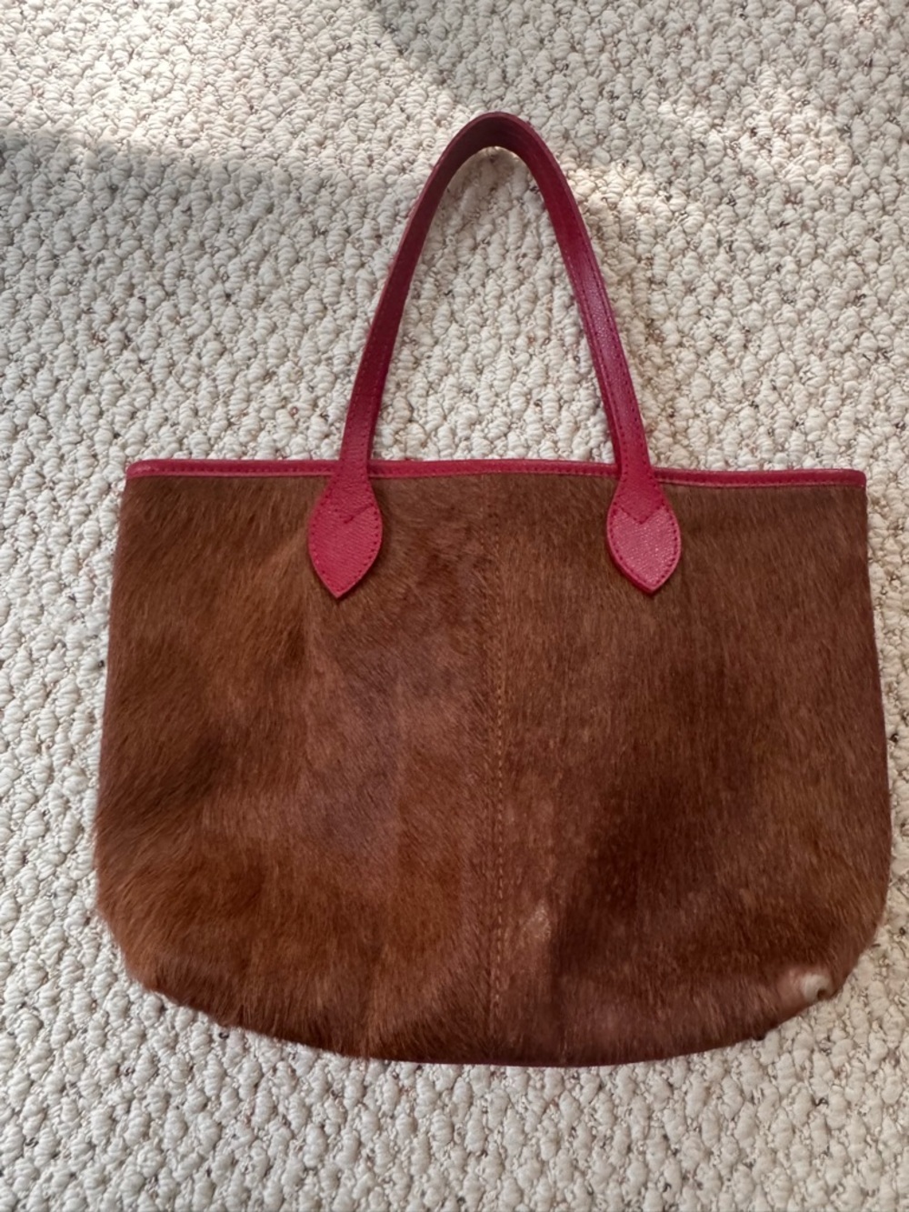 Maurizio Taiuti Brown Calf Hair Tote with Red Leather Handles- medium 0151